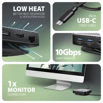 AXAGON HMC-UFO, USB 10Gbps hub, 2x USB-A, USB-C, HDMI 4k/60, RJ-45, M.2 slot, SD/mSD, audio, PD 100W, kabel USB-C 65cm