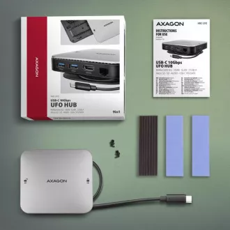 AXAGON HMC-UFO, USB 10Gbps hub, 2x USB-A, USB-C, HDMI 4k/60, RJ-45, M.2 slot, SD/mSD, audio, PD 100W, kabel USB-C 65cm