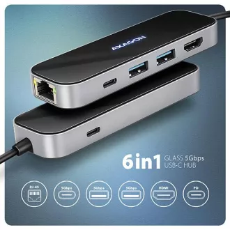 AXAGON HMC-6GLN, USB 5Gbps hub, 2x USB-A, USB-C, HDMI 4k/60Hz, RJ-45 GLAN, PD 100W, kabel USB-C 20cm AXAGON HMC-6GLN, USB 5Gbps hub, 2x USB-A, USB-C, HDMI 4k/60Hz, RJ-45 GLAN, PD 100W, kabel USB-C 20cm