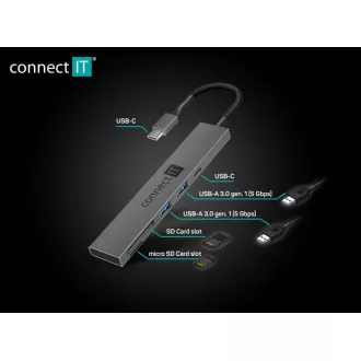 CONNECT IT USB-C hub, 2x USB-A, 1x USB-C, 1x SD karta, 1x MicroSD karta, šedá CONNECT IT USB-C hub, 2x USB-A, 1x USB-C, 1x SD karta, 1x MicroSD karta, šedá