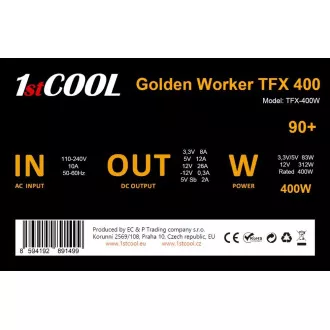 1stCOOL Zdroj Golden Worker TFX 400 88+, 400W, TFX, černá 1stCOOL Zdroj Golden Worker TFX 400 88+, 400W, TFX, černá