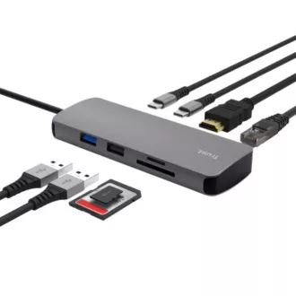 TRUST Dokovací stanice DALYX USB-C, 8v1, HDMI, RJ45, 2xUSB-C, 2xUSB-A, microSD/SD karta, šedá