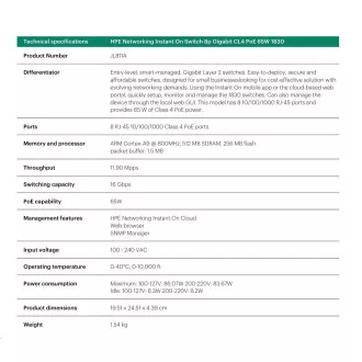 HPE Networking Instant On Switch 8p Gigabit CL4 PoE 65W (fanless) 1830 (JL811A) HPE Networking Instant On Switch 8p Gigabit CL4 PoE 65W (fanless) 1830 (JL811A)