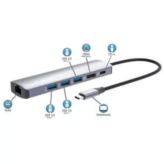 MANHATTAN Dokovací stanice USB-C 6v1, 1xHDMI, 1xUSB-C, 3xUSB, 1xRJ45, šedá MANHATTAN Dokovací stanice USB-C 6v1, 1xHDMI, 1xUSB-C, 3xUSB, 1xRJ45, šedá