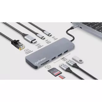 MANHATTAN Dokovací stanice USB-C 9v1, 1xHDMI, 2xUSB-C, 3xUSB, 1xRJ45, čtečka SD karet, šedá MANHATTAN Dokovací stanice USB-C 9v1, 1xHDMI, 2xUSB-C, 3xUSB, 1xRJ45, čtečka SD karet, šedá
