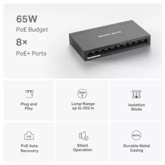 MERCUSYS switch MS110P (10x100Mb/s, 8xPoE+, 65W, fanless) MERCUSYS switch MS110P (10x100Mb/s, 8xPoE+, 65W, fanless)