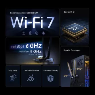 TP-Link Archer TBE400E WiFi7 PCIe adapter (BE6500, 2, 4GHz/5GHz/6GHz, Bluetooth5.4) TP-Link Archer TBE400E WiFi7 PCIe adapter (BE6500, 2, 4GHz/5GHz/6GHz, Bluetooth5.4)