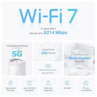 TP-Link Deco BE65-5G(1-pack) WiFi7 Mesh (BE9300, 2, 4GHz/5GHz/6GHz, 3x2, 5GbELAN/WAN, 1xUSB3.0, 4G LTE, 5G, 1xnanoSIM) TP-Link Deco BE65-5G(1-pack) WiFi7 Mesh (BE9300, 2, 4GHz/5GHz/6GHz, 3x2, 5GbELAN/WAN, 1xUSB3.0, 4G LTE, 5G, 1xnanoSIM)