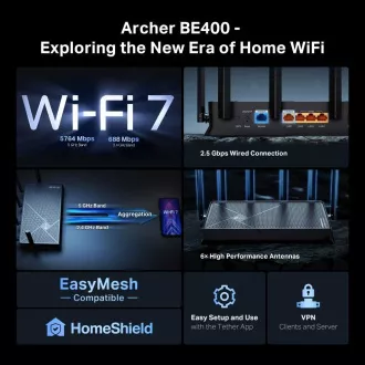 TP-Link Archer BE400 EasyMesh WiFi7 router(BE6500, 2, 4GHz/5GHz, 1x2, 5GbEWAN, 1x2, 5GbELAN, 3xGbELAN, 1xUSB3.0) TP-Link Archer BE400 EasyMesh WiFi7 router(BE6500, 2, 4GHz/5GHz, 1x2, 5GbEWAN, 1x2, 5GbELAN, 3xGbELAN, 1xUSB3.0)