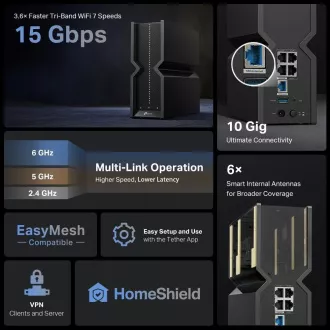 TP-Link Archer BE700 EasyMesh WiFi7 router(BE15000, 2, 4GHz/5GHz/6GHz, 1x10GbEWAN, 1x2, 5GbELAN, 3xGbELAN, 1xUSB3.0)