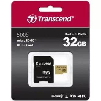 TRANSCEND MicroSDHC karta 32GB 500S, UHS-I U3 V30 + adaptér TRANSCEND MicroSDHC karta 32GB 500S, UHS-I U3 V30 + adaptér