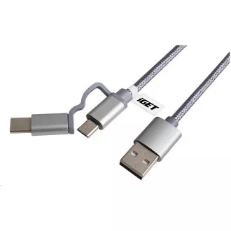 iGET G2V1 USB kabel 2v1, 1m, stříbrný, microUSB i USB-C, prodloužené koncovky iGET G2V1 USB kabel 2v1, 1m, stříbrný, microUSB i USB-C, prodloužené koncovky