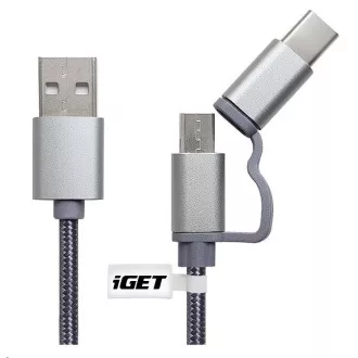 iGET G2V1 USB kabel 2v1, 1m, stříbrný, microUSB i USB-C, prodloužené koncovky iGET G2V1 USB kabel 2v1, 1m, stříbrný, microUSB i USB-C, prodloužené koncovky