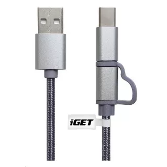 iGET G2V1 USB kabel 2v1, 1m, stříbrný, microUSB i USB-C, prodloužené koncovky iGET G2V1 USB kabel 2v1, 1m, stříbrný, microUSB i USB-C, prodloužené koncovky