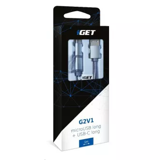 iGET G2V1 USB kabel 2v1, 1m, stříbrný, microUSB i USB-C, prodloužené koncovky iGET G2V1 USB kabel 2v1, 1m, stříbrný, microUSB i USB-C, prodloužené koncovky