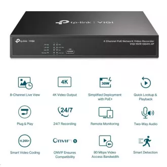 TP-Link VIGI NVR1004H-4P, videorekordér, 4 channels, 4xPoE, 1xSATA, 1x100Mb/s LAN, 2xUSB2.0, 1xHDMI, 1xVGA TP-Link VIGI NVR1004H-4P, videorekordér, 4 channels, 4xPoE, 1xSATA, 1x100Mb/s LAN, 2xUSB2.0, 1xHDMI, 1xVGA