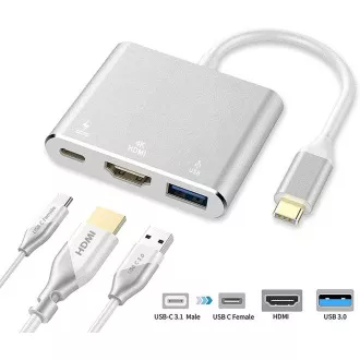 PremiumCord Adaptér USB-C na HDMI + USB3.0 + PD, rozlišení 4K a FULL HD 1080p