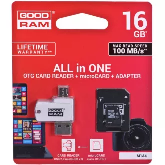 GOODRAM microSDHC karta 16GB M1A4 All-in-one (R:100/W:10 MB/s), UHS-I Class 10, U1 + Adapter + OTG card reader/čtečka GOODRAM microSDHC karta 16GB M1A4 All-in-one (R:100/W:10 MB/s), UHS-I Class 10, U1 + Adapter + OTG card reader/čtečka