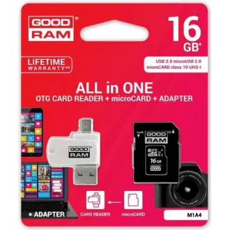 GOODRAM microSDHC karta 16GB M1A4 All-in-one (R:100/W:10 MB/s), UHS-I Class 10, U1 + Adapter + OTG card reader/čtečka GOODRAM microSDHC karta 16GB M1A4 All-in-one (R:100/W:10 MB/s), UHS-I Class 10, U1 + Adapter + OTG card reader/čtečka