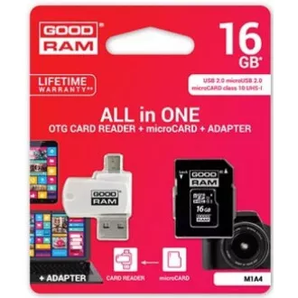 GOODRAM microSDHC karta 16GB M1A4 All-in-one (R:100/W:10 MB/s), UHS-I Class 10, U1 + Adapter + OTG card reader/čtečka GOODRAM microSDHC karta 16GB M1A4 All-in-one (R:100/W:10 MB/s), UHS-I Class 10, U1 + Adapter + OTG card reader/čtečka