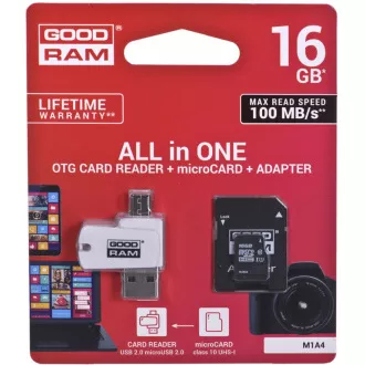 GOODRAM microSDHC karta 16GB M1A4 All-in-one (R:100/W:10 MB/s), UHS-I Class 10, U1 + Adapter + OTG card reader/čtečka GOODRAM microSDHC karta 16GB M1A4 All-in-one (R:100/W:10 MB/s), UHS-I Class 10, U1 + Adapter + OTG card reader/čtečka
