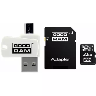 GOODRAM microSDHC karta 32GB M1A4 All-in-one (R:100/W:10 MB/s), UHS-I Class 10, U1 + Adapter + OTG card reader/čtečka GOODRAM microSDHC karta 32GB M1A4 All-in-one (R:100/W:10 MB/s), UHS-I Class 10, U1 + Adapter + OTG card reader/čtečka