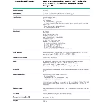 HPE Aruba Networking AP-515 (RW) Dual Radio 4x4/2x2 802.11ax Internal Antennas Unified Campus AP RENEW Q9H62A HPE Aruba Networking AP-515 (RW) Dual Radio 4x4/2x2 802.11ax Internal Antennas Unified Campus AP RENEW Q9H62A