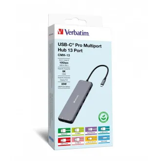 VERBATIM Hub USB-C Pro Multiport 13 Port, 6x USB-A, 2x USB-C, 2x HDMI, DP, RJ45, 3.5mm Jack audio, šedá
