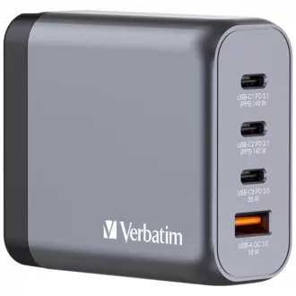 VERBATIM GaN Nabíječka do sítě GNC-140, 140W, 3x USB-C, 1x USB VERBATIM GaN Nabíječka do sítě GNC-140, 140W, 3x USB-C, 1x USB