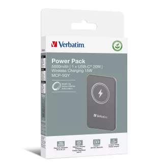 VERBATIM Powerbanka Charge 'n' Go, Magnetická, 5000 mAh, USB-C, Šedá VERBATIM Powerbanka Charge 'n' Go, Magnetická, 5000 mAh, USB-C, Šedá