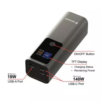 VERBATIM Powerbanka Charge 'n' Go, 27000 mAh, 2x USB-C 140W, 1x USB-A 18W, Šedá VERBATIM Powerbanka Charge 'n' Go, 27000 mAh, 2x USB-C 140W, 1x USB-A 18W, Šedá