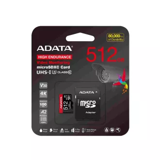 ADATA MicroSDXC karta 512GB High Endurance UHS-I C10 V30 A2 (R:100/W:85 MB/s) + SD adaptér ADATA MicroSDXC karta 512GB High Endurance UHS-I C10 V30 A2 (R:100/W:85 MB/s) + SD adaptér