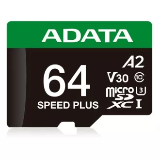 ADATA MicroSDXC karta 64GB Speed Plus, U3, C10, A2, V30 (R:160/W:140 MB/s) + SD adaptér ADATA MicroSDXC karta 64GB Speed Plus, U3, C10, A2, V30 (R:160/W:140 MB/s) + SD adaptér