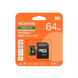 ADATA MicroSDXC karta 64GB Speed Plus, U3, C10, A2, V30 (R:160/W:140 MB/s) + SD adaptér ADATA MicroSDXC karta 64GB Speed Plus, U3, C10, A2, V30 (R:160/W:140 MB/s) + SD adaptér