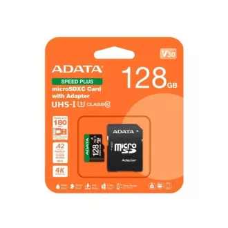 ADATA MicroSDXC karta 128GB Speed Plus, U3, C10, A2, V30 (R:180/W:160 MB/s) + SD adaptér ADATA MicroSDXC karta 128GB Speed Plus, U3, C10, A2, V30 (R:180/W:160 MB/s) + SD adaptér