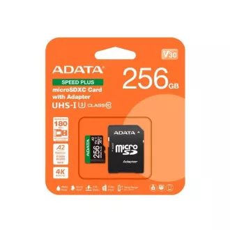 ADATA MicroSDXC karta 256GB Speed Plus, U3, C10, A2, V30 (R:180/W:160 MB/s) + SD adaptér ADATA MicroSDXC karta 256GB Speed Plus, U3, C10, A2, V30 (R:180/W:160 MB/s) + SD adaptér