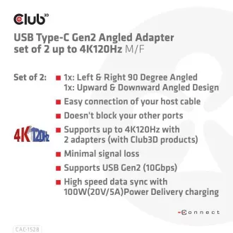 Club3D set adapterů USB-C Gen2 angled adapter set of 2, 4K120Hz, 240W, (M/F) Club3D set adapterů USB-C Gen2 angled adapter set of 2, 4K120Hz, 240W, (M/F)