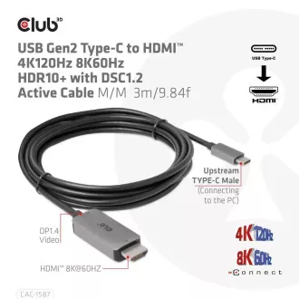 Club3D kabel USB-C na HDMI, 4K120Hz 8K60Hz HDR10 s DSC1.2, Aktivní kabel, M/M, 3m Club3D kabel USB-C na HDMI, 4K120Hz 8K60Hz HDR10 s DSC1.2, Aktivní kabel, M/M, 3m