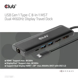 Club 3D Dokovací stanice USB-C 8v1, 1xDP, 1xHDMI, 1xUSB-C PD100W, 2xUSB, čtečka SD karet, šedá Club 3D Dokovací stanice USB-C 8v1, 1xDP, 1xHDMI, 1xUSB-C PD100W, 2xUSB, čtečka SD karet, šedá