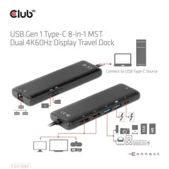 Club 3D Dokovací stanice USB-C 8v1, 1xDP, 1xHDMI, 1xUSB-C PD100W, 2xUSB, čtečka SD karet, šedá Club 3D Dokovací stanice USB-C 8v1, 1xDP, 1xHDMI, 1xUSB-C PD100W, 2xUSB, čtečka SD karet, šedá
