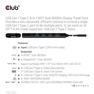 Club 3D Dokovací stanice USB-C 8v1, 1xDP, 1xHDMI, 1xUSB-C PD100W, 2xUSB, čtečka SD karet, šedá Club 3D Dokovací stanice USB-C 8v1, 1xDP, 1xHDMI, 1xUSB-C PD100W, 2xUSB, čtečka SD karet, šedá