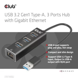 Club3D Rozbočovač, USB-A 3.2 Gen1 na 3x USB 3.1, Gigabit Ethernet Club3D Rozbočovač, USB-A 3.2 Gen1 na 3x USB 3.1, Gigabit Ethernet