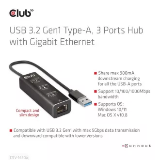 Club3D Rozbočovač, USB-A 3.2 Gen1 na 3x USB 3.1, Gigabit Ethernet Club3D Rozbočovač, USB-A 3.2 Gen1 na 3x USB 3.1, Gigabit Ethernet