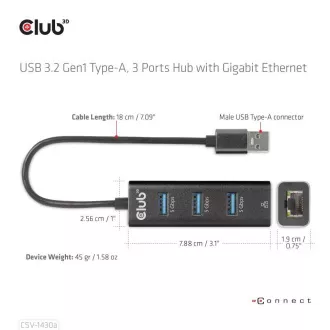 Club3D Rozbočovač, USB-A 3.2 Gen1 na 3x USB 3.1, Gigabit Ethernet Club3D Rozbočovač, USB-A 3.2 Gen1 na 3x USB 3.1, Gigabit Ethernet