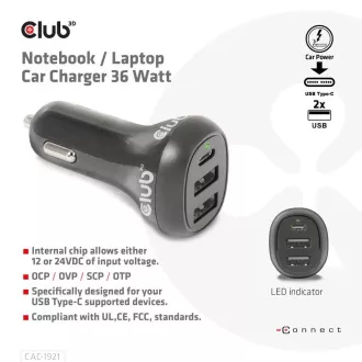 Club3D Auto nabíječka pro Notebooky 36W, 3 porty (2xUSB-A + USB-C) Club3D Auto nabíječka pro Notebooky 36W, 3 porty (2xUSB-A + USB-C)