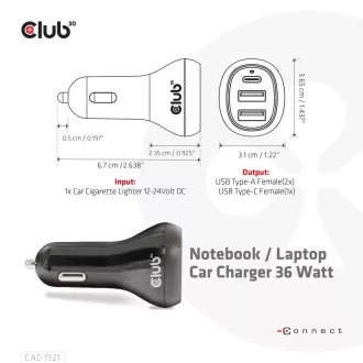 Club3D Auto nabíječka pro Notebooky 36W, 3 porty (2xUSB-A + USB-C) Club3D Auto nabíječka pro Notebooky 36W, 3 porty (2xUSB-A + USB-C)
