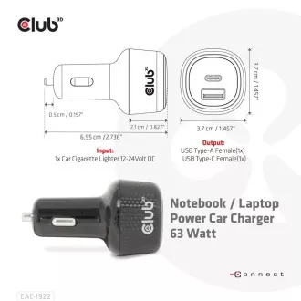 Club3D Auto nabíječka pro Notebooky 63W, 2 porty (USB-A + USB-C) Club3D Auto nabíječka pro Notebooky 63W, 2 porty (USB-A + USB-C)