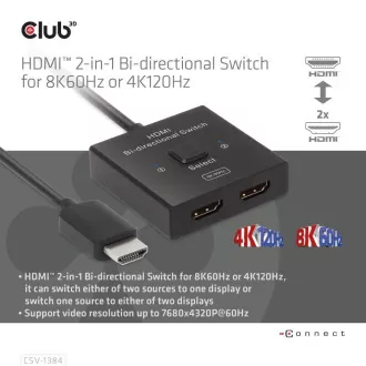 Club3D Switch, HDMI na 2xHDMI Oboustranný 2v1, 8K60Hz, 4K120Hz Club3D Switch, HDMI na 2xHDMI Oboustranný 2v1, 8K60Hz, 4K120Hz