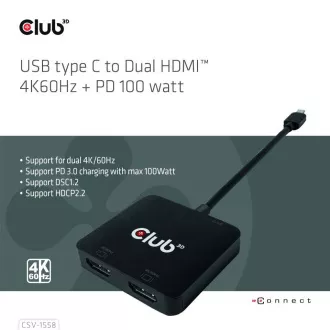 Club3D Video hub MST USB-C na 2xHDMI + USB-C PD 3.0, 4K60Hz