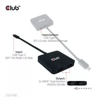 Club3D Video hub MST USB-C na 2xHDMI + USB-C PD 3.0, 4K60Hz